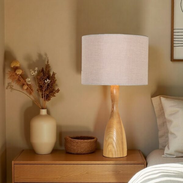 LLT Schroder table lamp with faux timber base and natural linen drum shade