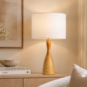 LLT Schroder White Table Lamp with faux timber finish contoured base