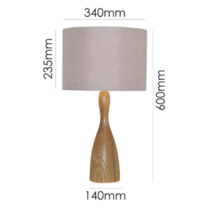 Modern bedside table lamp LLT Schroder with timber finish and linen shade