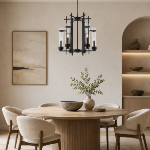 LLP Caviar 6LT Pendant Light installed over formal dining table in dark elegant interior setting