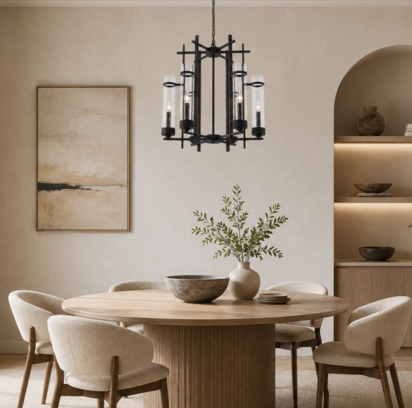 LLP Caviar 6LT Pendant Light installed over formal dining table in dark elegant interior setting
