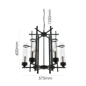 LLP Caviar 6LT Pendant Light with black painted metal frame and six clear glass cylinder shades on chain suspension against white background
