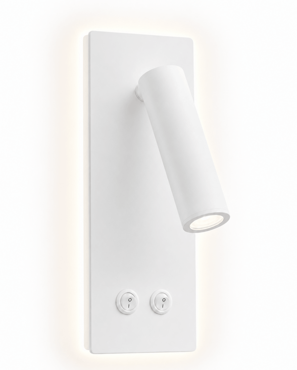 White LED wall reading sconce showing soft ambient backlight glow around rectangular backplate