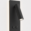 Black wall-mounted LED reading sconce with adjustable cylindrical spotlight and warm ambient backlight
