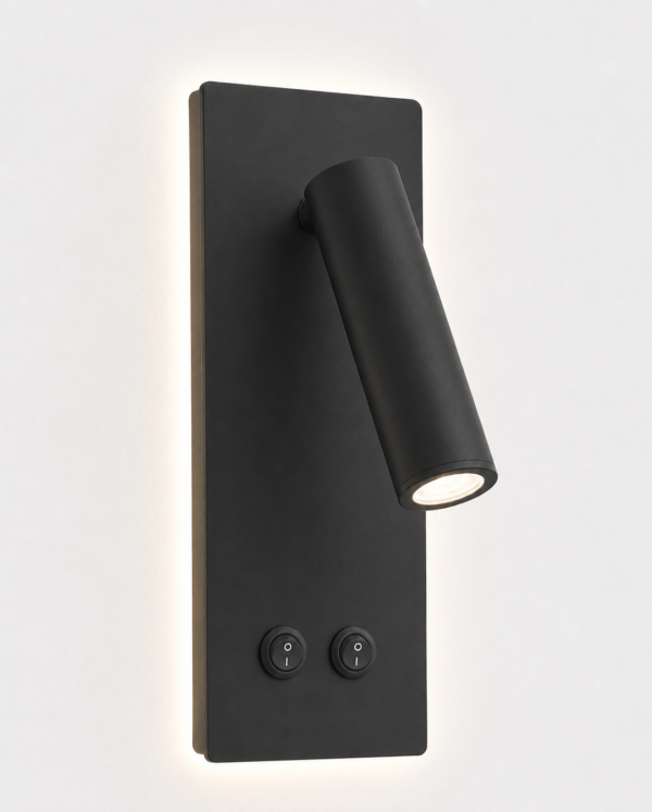 Black wall-mounted LED reading sconce with adjustable cylindrical spotlight and warm ambient backlight