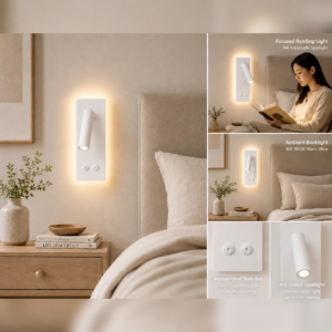 LLD RL088 wall-mounted LED reading sconce with adjustable spotlight and ambient backlight in 3000K warm white
