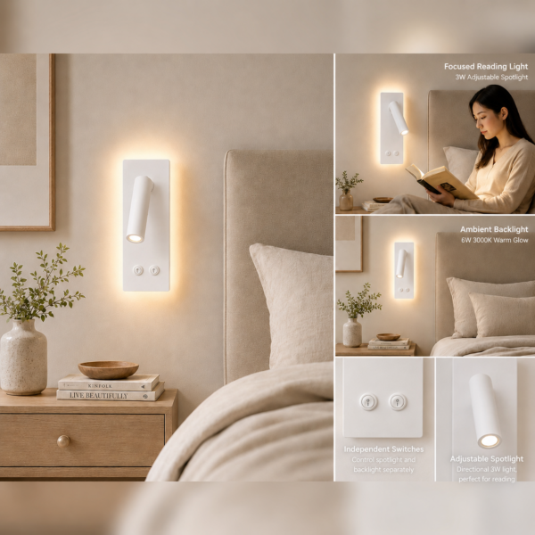 LLD RL088 wall-mounted LED reading sconce with adjustable spotlight and ambient backlight in 3000K warm white