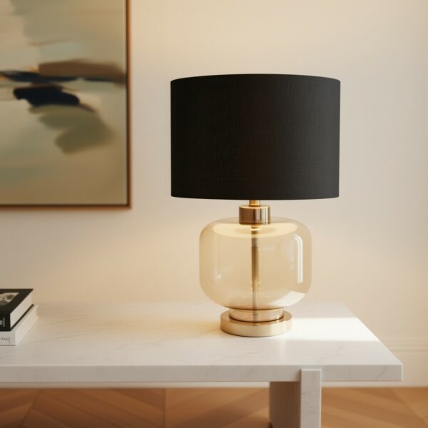 LLT Bonnie black glass table lamp with coffee base and black drum shade
