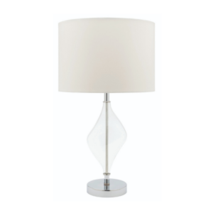 LLT Choo White Table Lamp with clear glass teardrop base and chrome accents