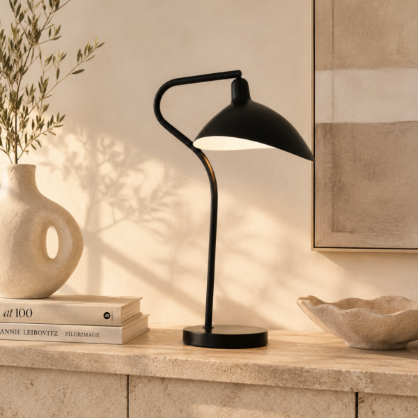 LLT Spida table lamp with black powder coated metal frame and white inner shade