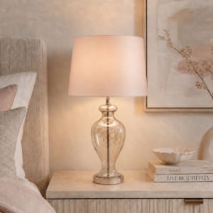 LLT Vision Taupe table lamp styled on a modern bedside table