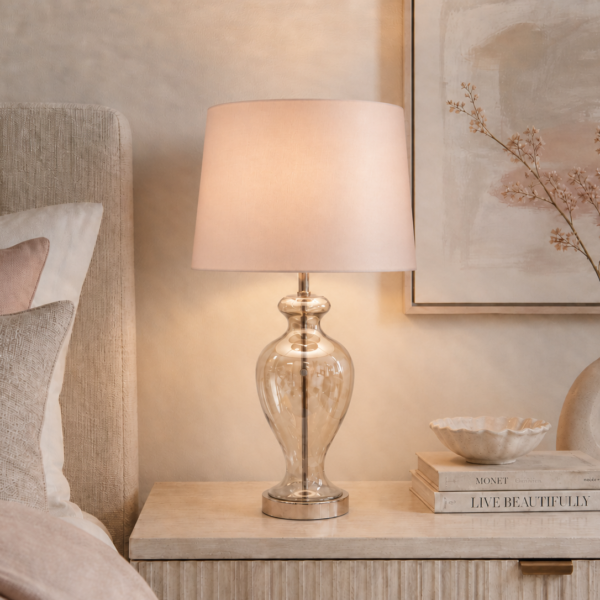 LLT Vision Taupe table lamp styled on a modern bedside table