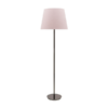 LLF Flynn Blush Floor Lamp with black chrome base and soft blush pink linen round tapered shade