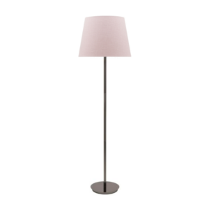 LLF Flynn Blush Floor Lamp with black chrome base and soft blush pink linen round tapered shade