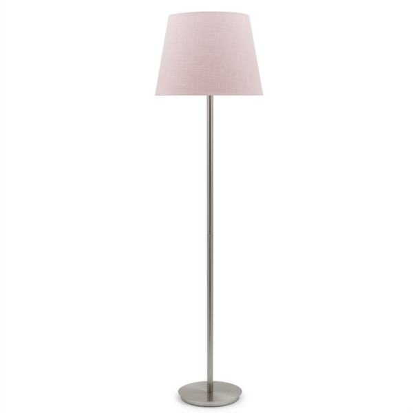 LLF Flynn Blush Floor Lamp with silver nickel base and soft blush pink linen round tapered shade
