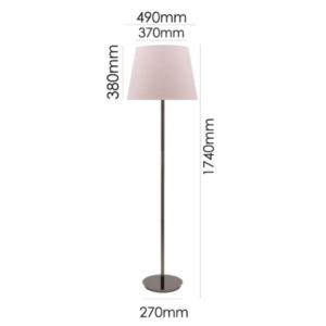 LLF Flynn Blush Floor Lamp with black chrome base and soft blush pink linen round tapered shade