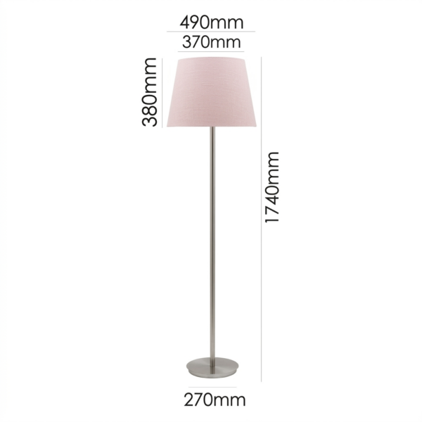 LLF Flynn Blush 1740mm tall silver nickel floor lamp with blush pink shade on white background