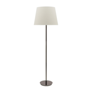 LLF Flynn Mist Floor Lamp with black chrome base and soft mist blue linen round tapered shade