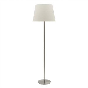 LLF Flynn Mist Floor Lamp with silver nickel base and soft mist blue linen round tapered shade