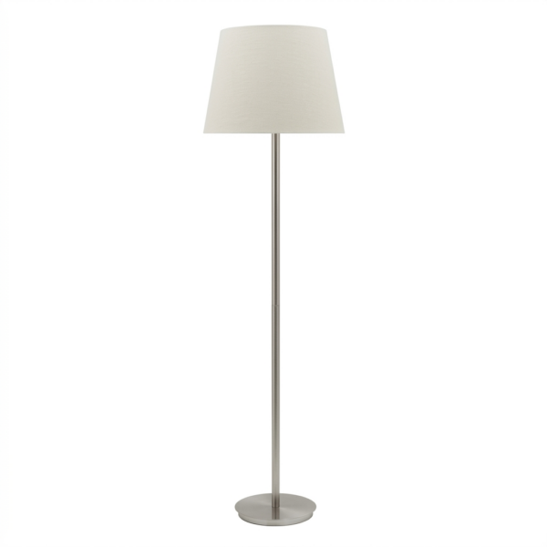 LLF Flynn Mist Floor Lamp with silver nickel base and soft mist blue linen round tapered shade