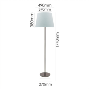 LLF Flynn Mist Floor Lamp with black chrome base and soft mist blue linen round tapered shade