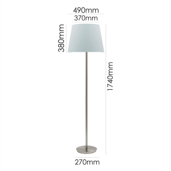 LLF Flynn Mist floor lamp featuring slim nickel stem and cool mist blue linen tapered shade