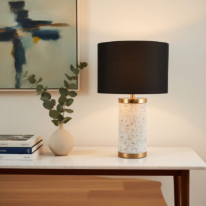 LLT Jerry black terrazzo table lamp with gold base and black linen shade