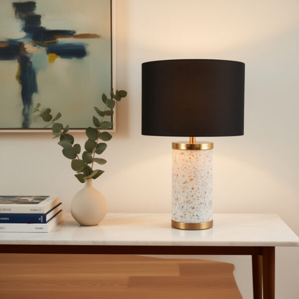 LLT Jerry black terrazzo table lamp with gold base and black linen shade