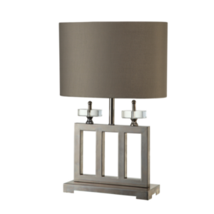 Table lamp with taupe gold fabric shade and chrome base