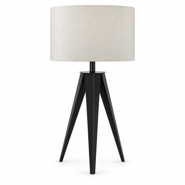 LLT Dylan White Table Lamp with black metal tripod base and large off-white drum shade at 730mm against white background