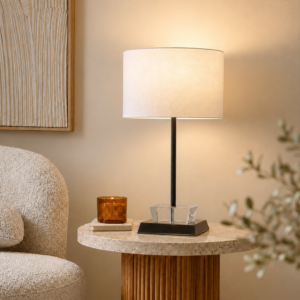 LLT Faiz Standard White Table Lamp with black chrome and crystal base