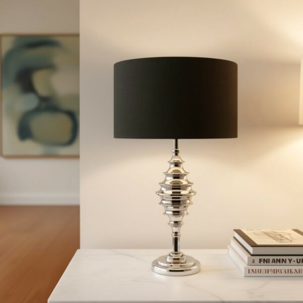 LLT Fibre Chrome Black Table Lamp with polished tiered metal base