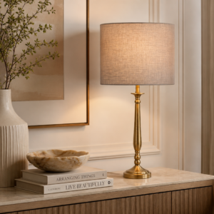 LLT Flute Ab Linen Natural Table Lamp with antique brass base