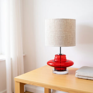 Table Lamp with red glass base and linen shade