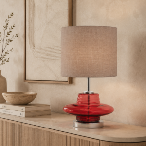 Table Lamp with red glass base and linen shade