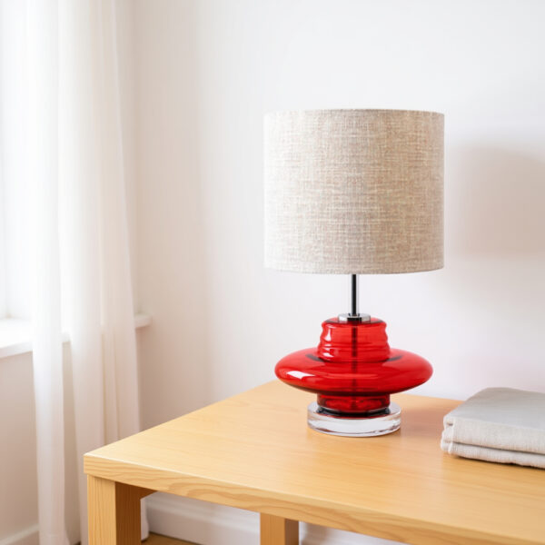 Table Lamp with red glass base and linen shade