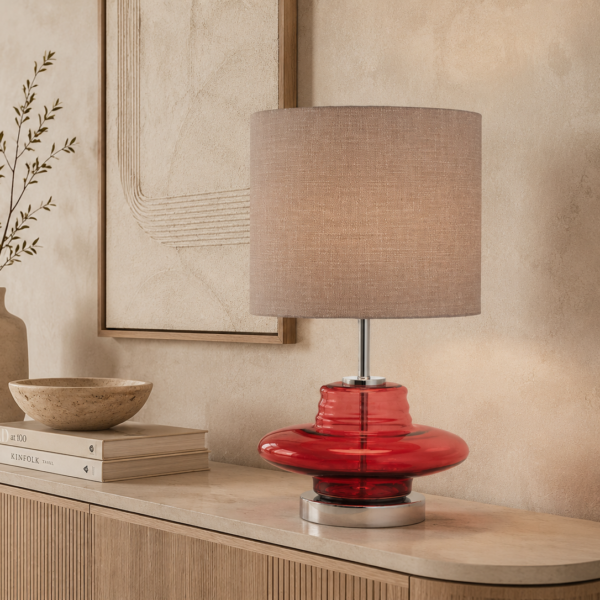 Table Lamp with red glass base and linen shade