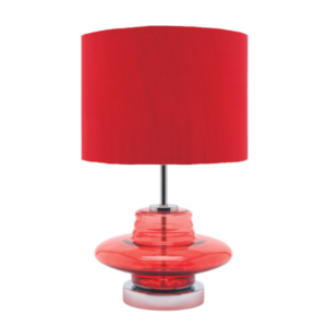 LLT Gizmo Red Table Lamp with red glass base and silk drum shade