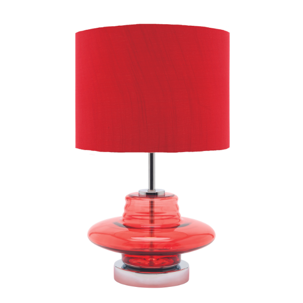 LLT Gizmo Red Table Lamp with red glass base and silk drum shade
