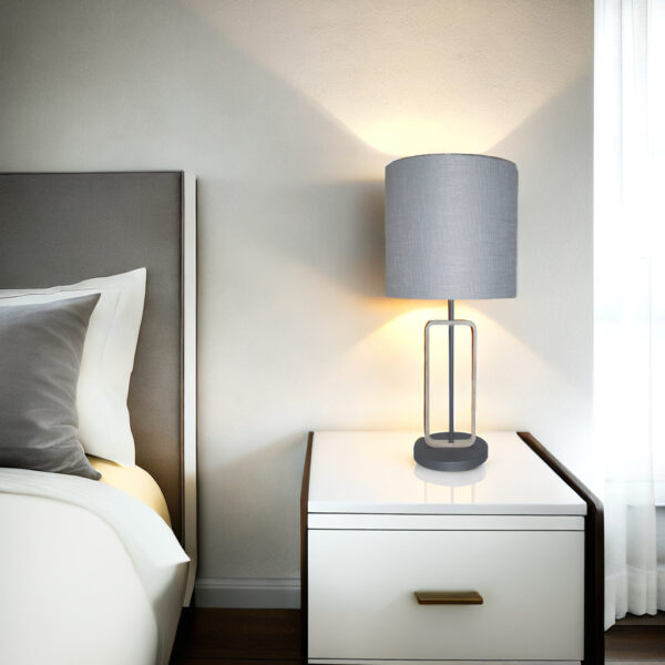 LLT Hamish bedside lamp with stone grey shade and timber base