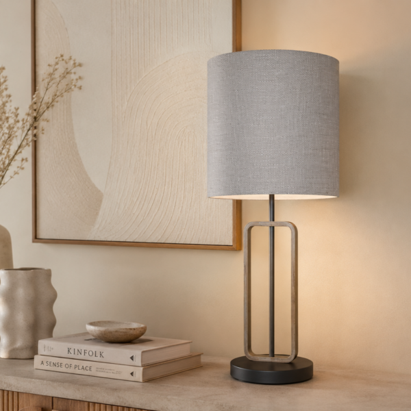 LLT Hamish Stone table lamp used in a contemporary living room with warm natural texture