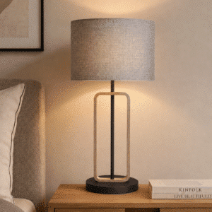 LLT Hamish Stone table lamp used in a contemporary living room with warm natural texture