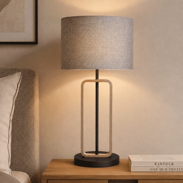 LLT Hamish Stone table lamp used in a contemporary living room with warm natural texture