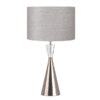 LLT Tower Crystal Ash table lamp on white background with brushed nickel base and ash linen shade