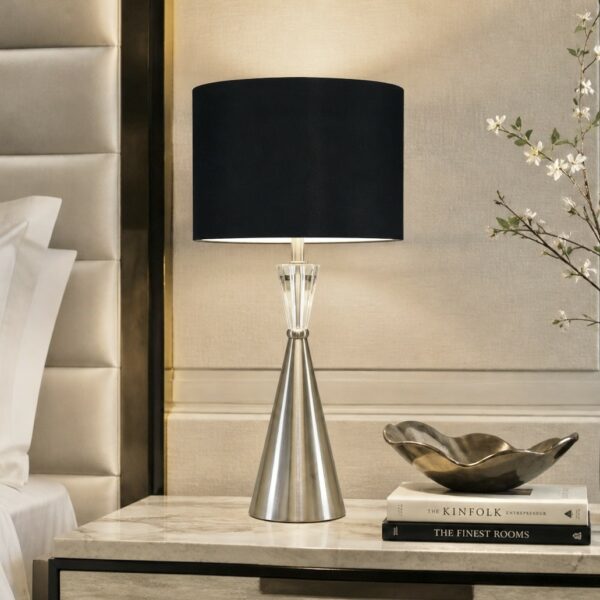 LLT Tower Crystal Black Table Lamp with brushed nickel and crystal base