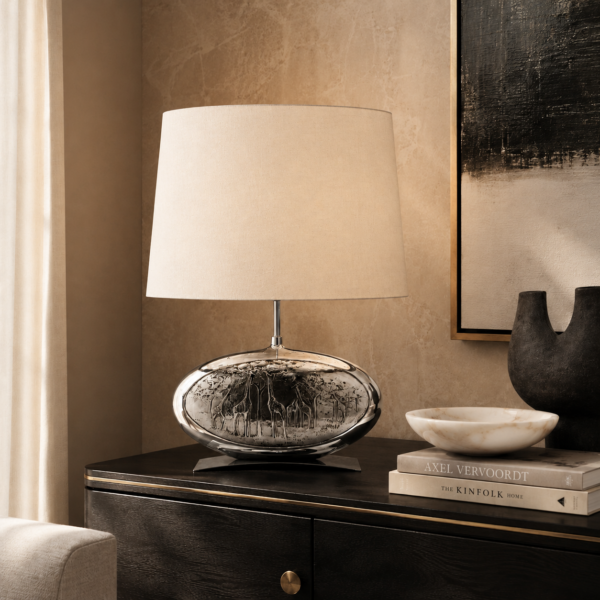 LLT Riff Raff White Table Lamp with African chrome sculptural base and white textured oval shade