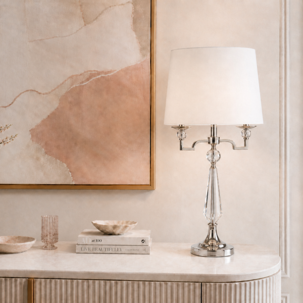 LLT Brooke Misty White table lamp with silver plated chrome base and misty white shade