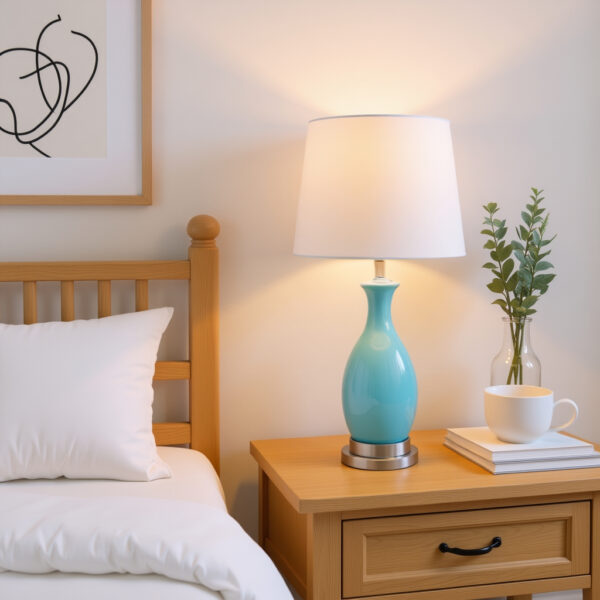 Lauren White Table Lamp with turquoise glass base and white silk shade