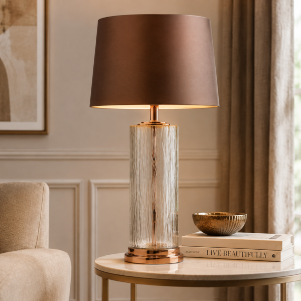 LLT Masaki Table Lamp styled on bedside console in grand master suite interior with warm gold and chocolate luxury tones