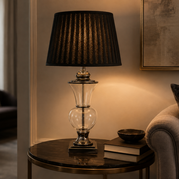 LLT Middleton Black Table Lamp with chrome glass base and silk shade
